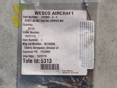 (30) Wesco Aircraft CR2642-5-2 Copper Cherry Rivets [G8BD)