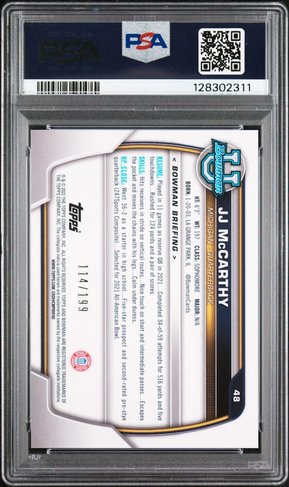 2022 Bowman University Chrome JJ McCarthy RC #48, BLUE RAYWAVE REF /199, PSA 10 - Image 2 of 2