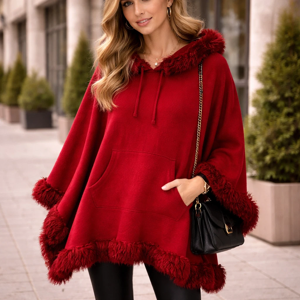 Polo Jeans Co Ralph Lauren Poncho Cape Red Fringe Hooded Boho Western Chic