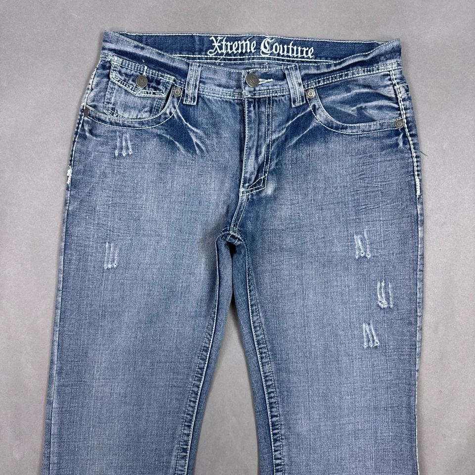 Pantalones de mezclilla Xtreme Couture para hombre 34x28 azules bordados Distress (etiqueta 34x30) Foto 2 de 4