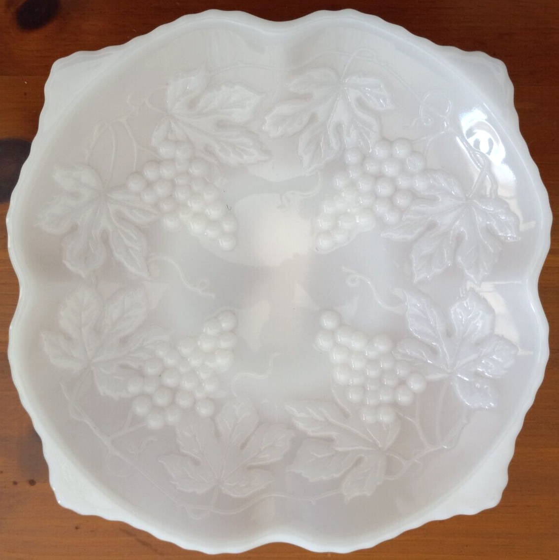 Anchor Hocking Vintage Scalloped Edge Milk Glass Footed Bowl with Grape Leaf Design 8.5 Inch