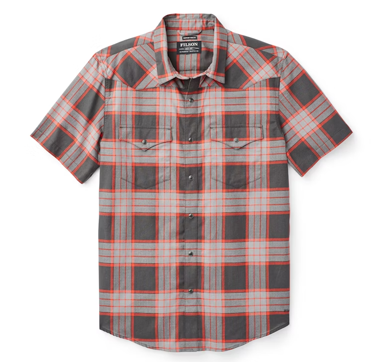 Filson Short Sleeve Snap Front Guide Shirt Black/Gray/Red Plaid Mens XS  NEW! $88 - Main Image