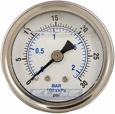 LIQUID FILLED PRESSURE GAUGE 0-30 PSI, 1.5" FACE, 1/8" NPT BACK MOUNT