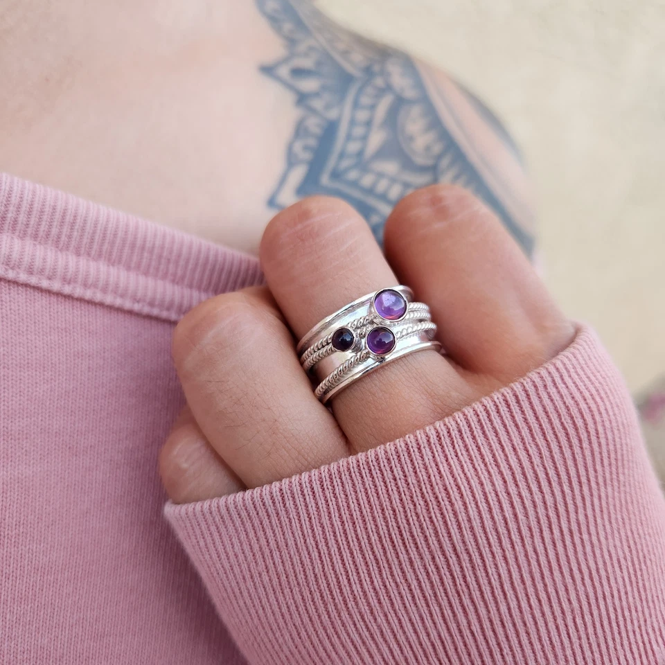 Anillo giratorio de amatista genuina de plata de ley 925 anillo de meditación anillo inquieto Foto 2 de 4