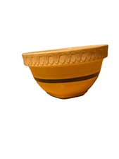 Estate Over and Back 9” Yellow Ware Mixing Bowl with Blue and Pink Stripes