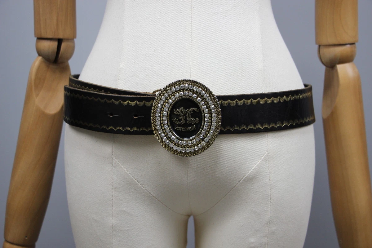 Roberto Cavalli Black Leather Belt with Gold Oval Logo Buckle Roberto Cavalli Waist Belt Black Belts for Women for sale | eBay main image 3