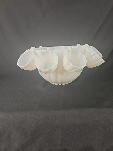 Vintage Hazel Atlas ALPINE WHITE SWIRL 10 in Punch Bowl & 8-2 1/4" Hanging Cups