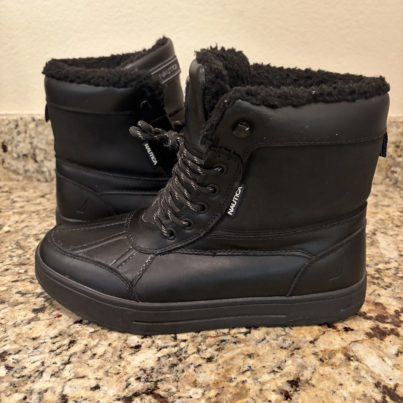 Nautica Men's Black Faux Fur Lined Lace Up Snow Boots Ankle US 9 UK 8.5 EUR 42
