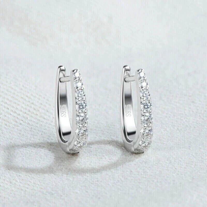 1CT Round Cut Real Moissanite Women's Huggie Hoop Earrings 14k White Gold Plated - Image 2 of 4