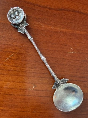 Antique Gorham Sterling Silver Salt Spoon, Bird's Nest with Eggs and Ivy, c 1865