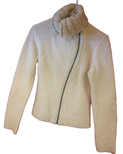OFF WHITE Giacca cardigan maglione moto Geo Abrahamsson piccola zip davanti 100% lana avorio