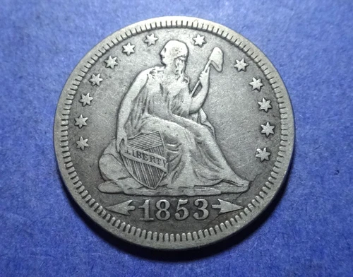 1853 Arrows & Rays Liberty Seated Quarter  VF
