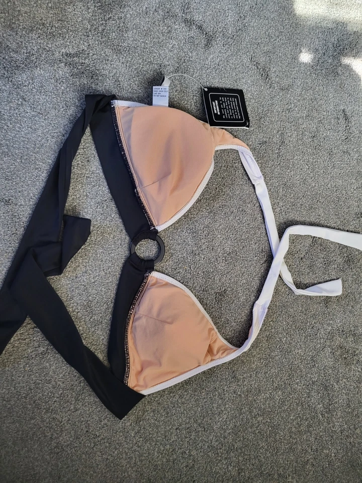 Women's Newport News Tie Halter Black / White Padded Swim Top Size 16 NWT - Image 2 of 4