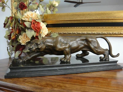 Estatua de bronce + mármol jaguar pantera puma leopardo león figura antigua noble