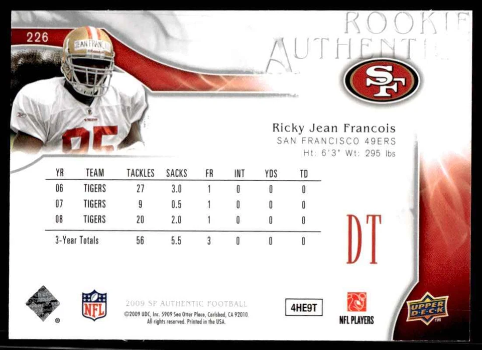 2009 SP Authentic Ricky Jean-Francois Rookie 067/999 San Francisco 49ers #226 - Image 2 of 2