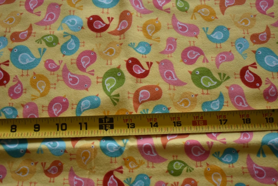 18" Long, Colorful Birds on Yellow Cotton Flannel, Riley Blake, Whitlock, N4760 - Image 2 of 4