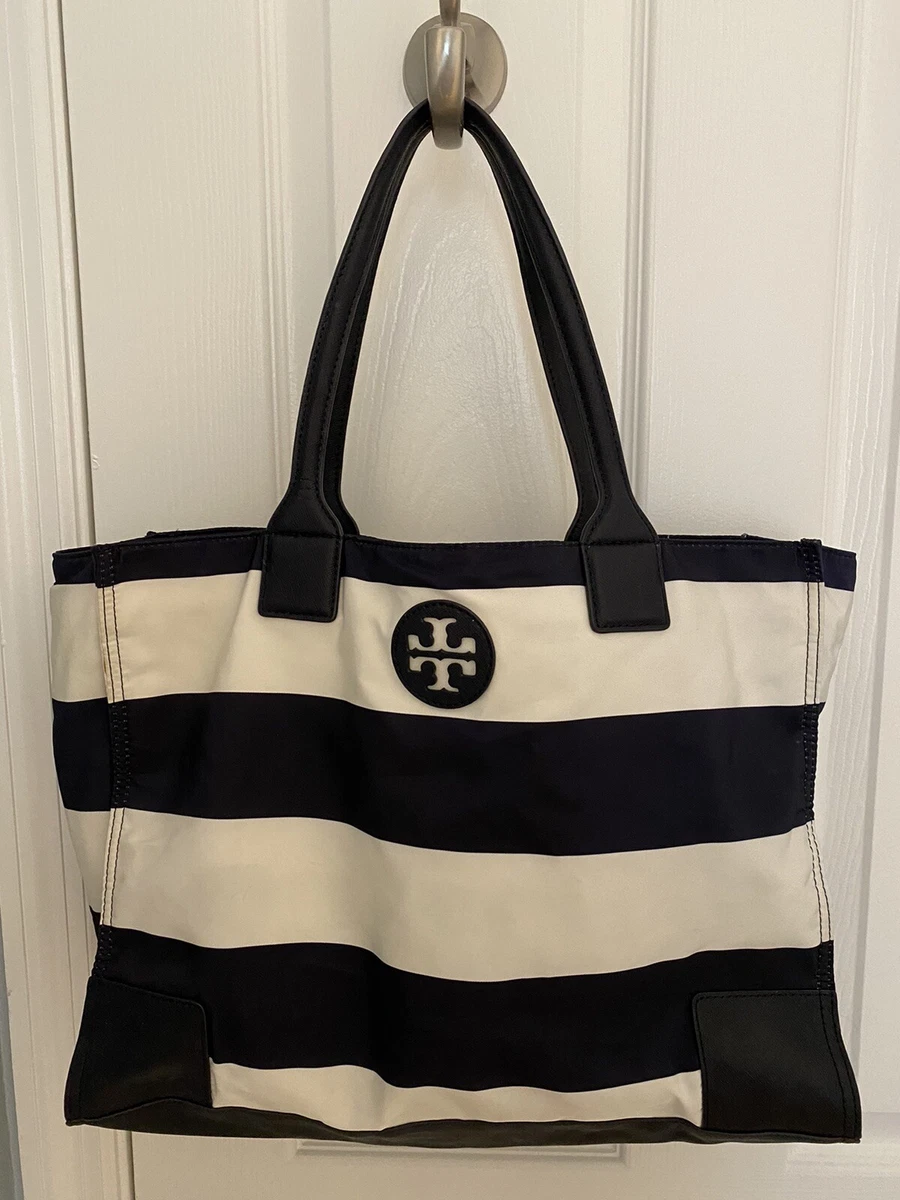 Tory Burch Ella Packable Tote Purse Blue & White Striped Nylon