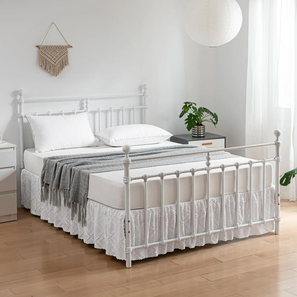 Queen Bed Skirt Tufted Ruffled 18 Inch Drop Split Corners Boho Style White - Image 4 of 4