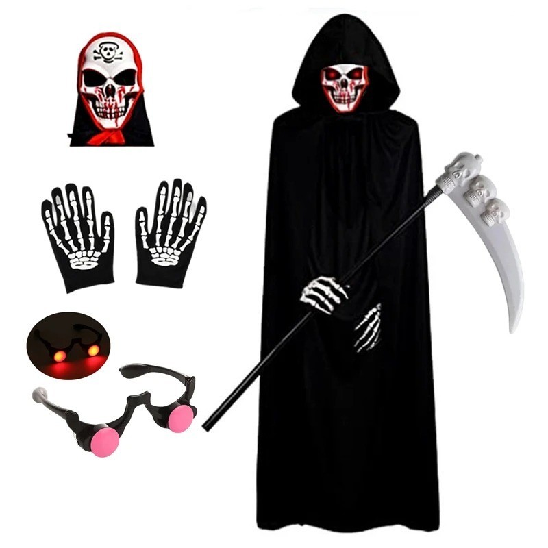 Disfraces de Halloween de miedo para niños - Bata segadora de ojos rojos con capucha y guadaña