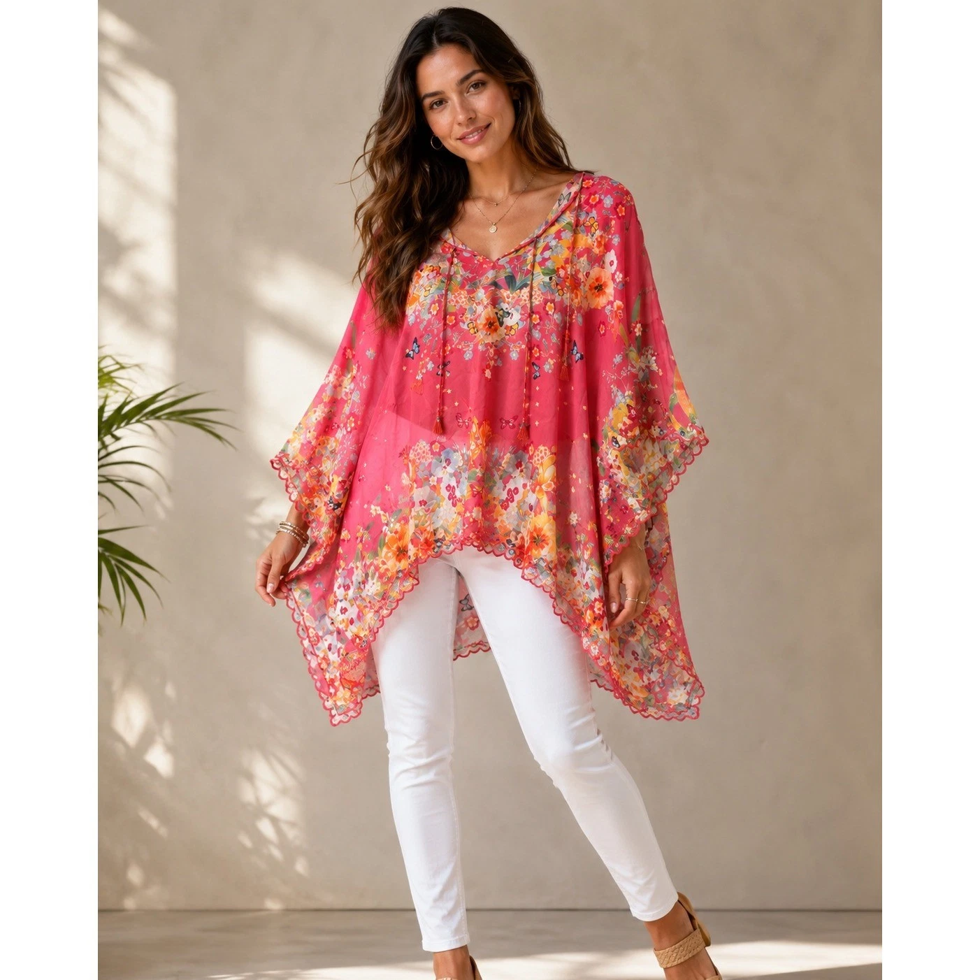 Johnny Was Fuchsia Pink 100% Silk Floral Kaftan Poncho Top One Size C14220-4