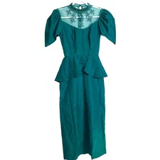 Vintage Victorian Lace High Neck Puff Sleeve Peplum Train Maxi Dress Small Green