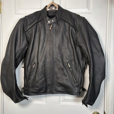 Power Trip Men s Small Black Leather Motorcycle Biker Riding Jacket Moto