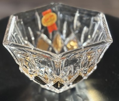 Vtg Lead Crystal Candy Dish Anna Hutte Bleikristall Clear w Gold Diamond Pattern