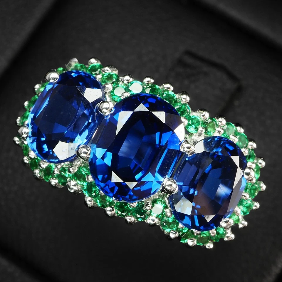 Anelli fatti a mano in argento sterling 925 con tre pietre e zaffiro blu... - Immagine 2 di 4