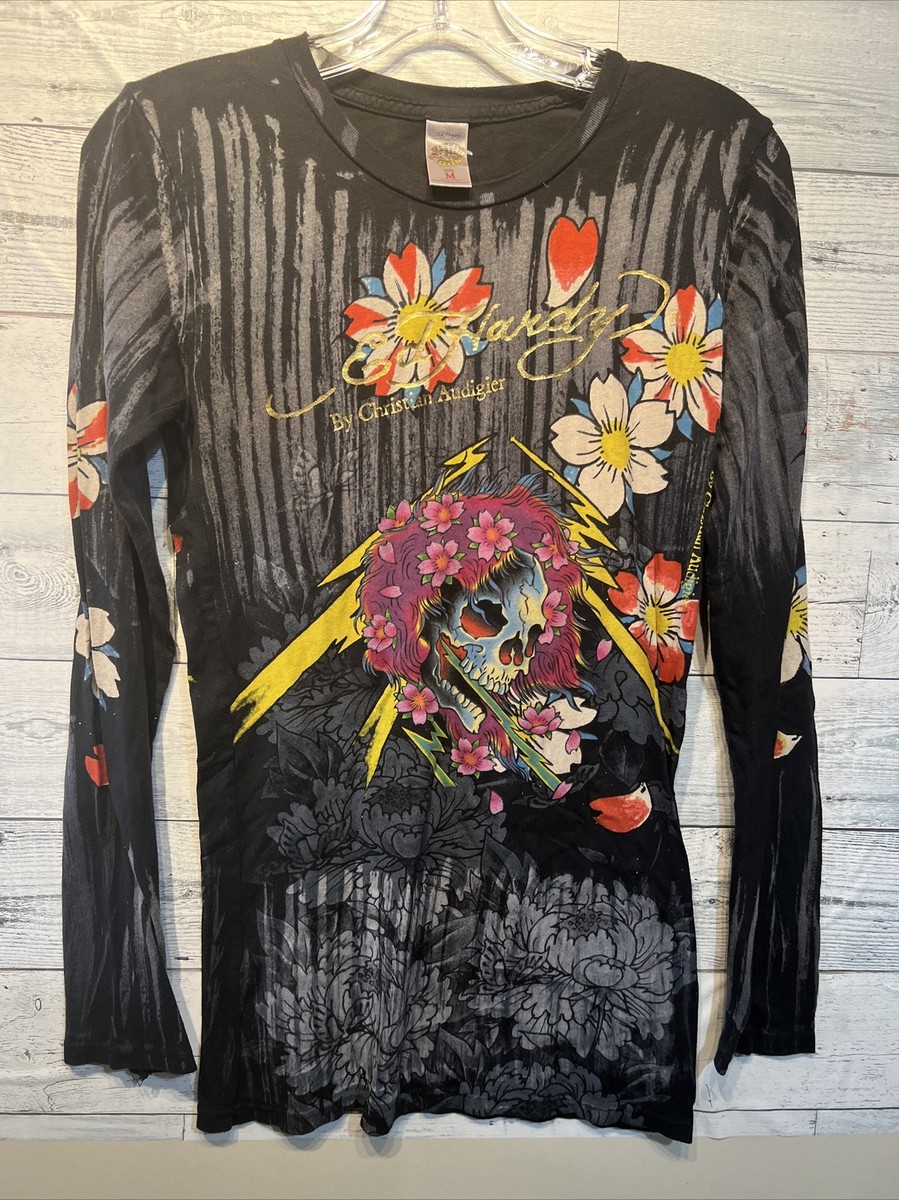 トップス Christian Audigier double sleeve shirt Christian Audigier Men's Small Skull Roses Double Sleeve T