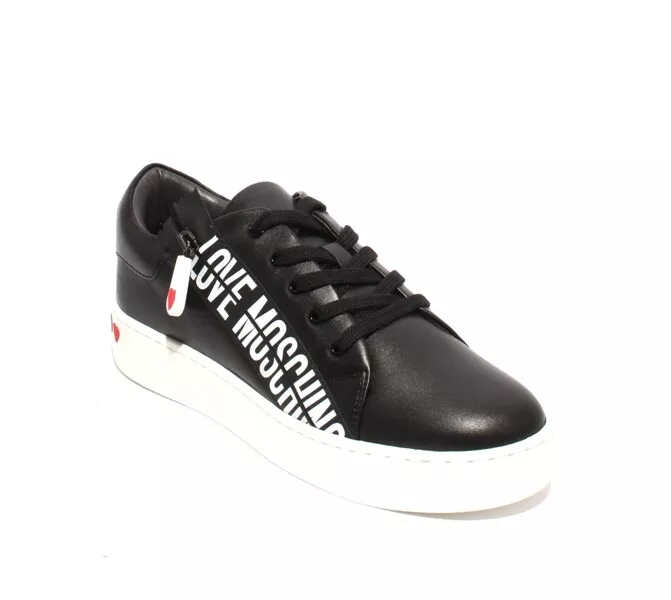Love Moschino 15093 Black Leather Logo Lace Zip Up Platform
