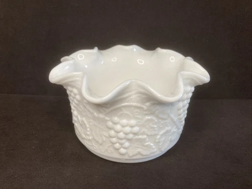 VTG White Milk Glass Grape Pattern Crimped Serving Dish Planter 3.5” ID Imperial
