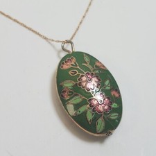 14k Gold Chain Necklace With Cloisonne Floral Design Egg Shaped Pendant 18.5"