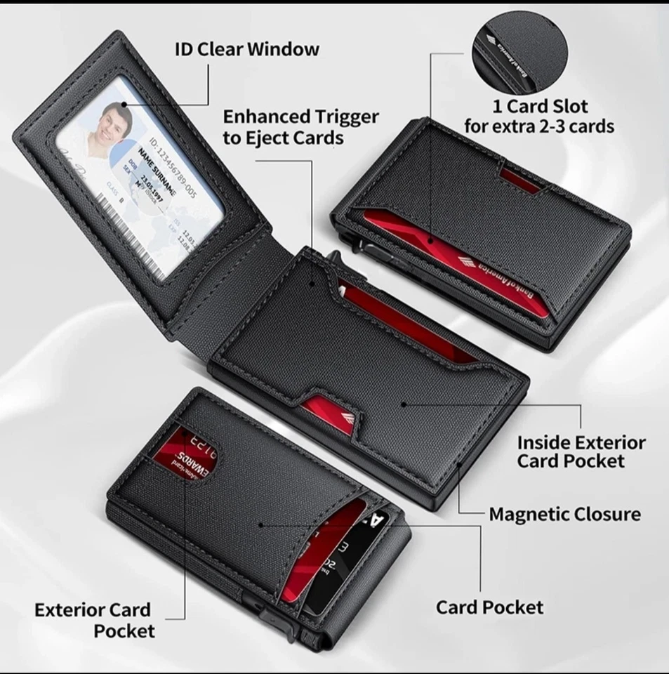 Men's Black tactical magnetic wallet RFID Blocking card holder Aluminum bifold - Image 2 of 4