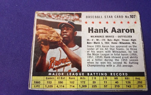 1961 POST HANK AARON #107 BRAVES HOF VINTAGE ORIGINAL