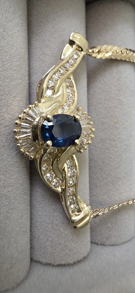 美丽的 14k 黄金蓝宝石钻石吊坠项链 — 第 2/4 张图片