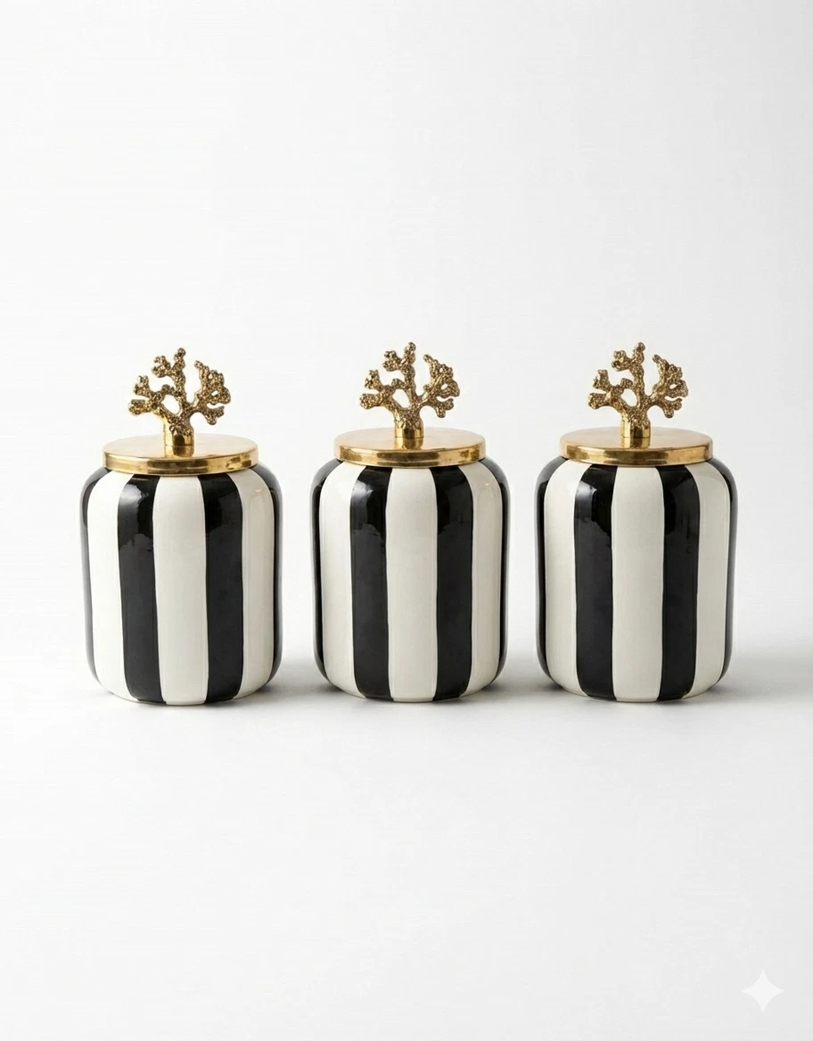 Set of 3 Black and White Striped Ceramic Canisters with Gold Coral Lids – Decora