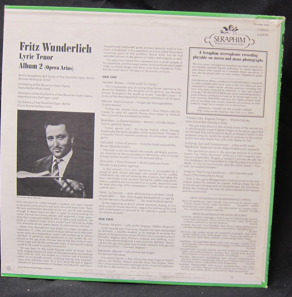 Fritz Wunderlich Lyric Tenor - Album 2 Opera Arias - Seraphim LP - Image 2 of 3
