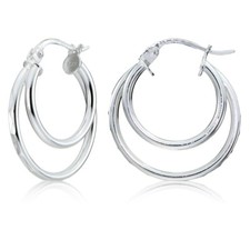 Sterling Silver Diamond-cut Double Circle Hoop Earrings