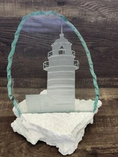Lighthouse Etched Glass Limited Edition White Stone Rock Base Nautical Coastal