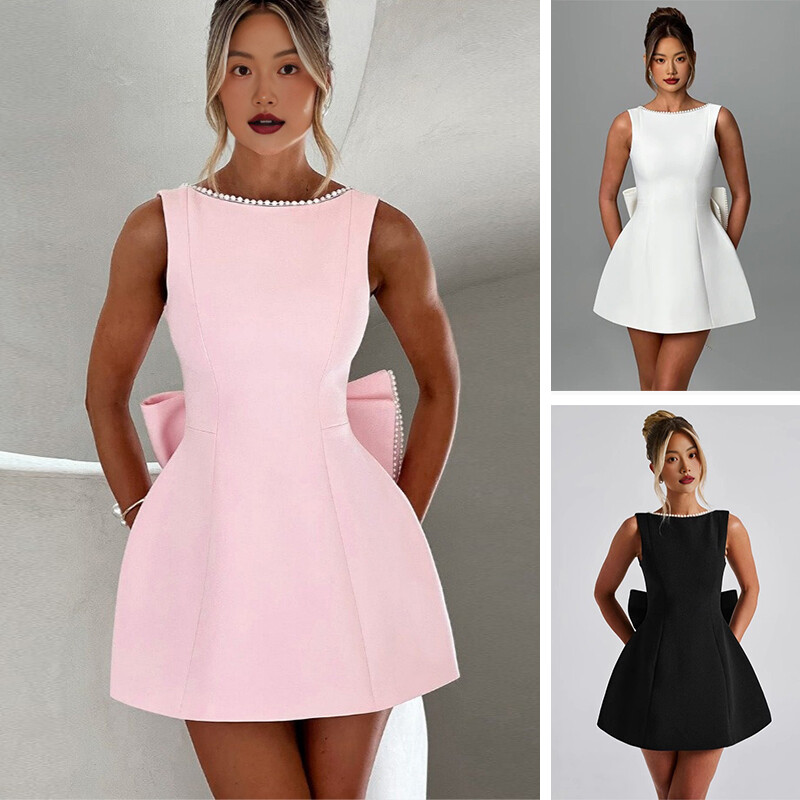 Elegant Pearl Bow Backless Short Dress Sleeveless Party Chic
