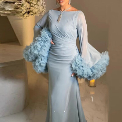 Blue Chiffon Tulle Evening Dresses Long Sleeves Floor Length Women Prom Dress