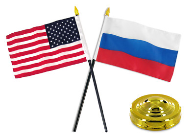 Russia w/ USA American Flag 4''x6'' Desk Set Table Stick Gold Base