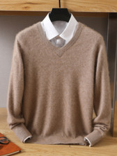 Men Mink Cashmere Sweater V-Neck Pullovers Knit Long Sleeve Sweater Jumper Top
