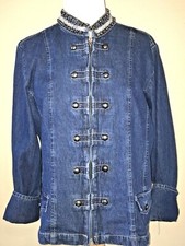 Women's Denim Jacket Vintage Hannah Beaded Collar Faux Military Buttons Size M