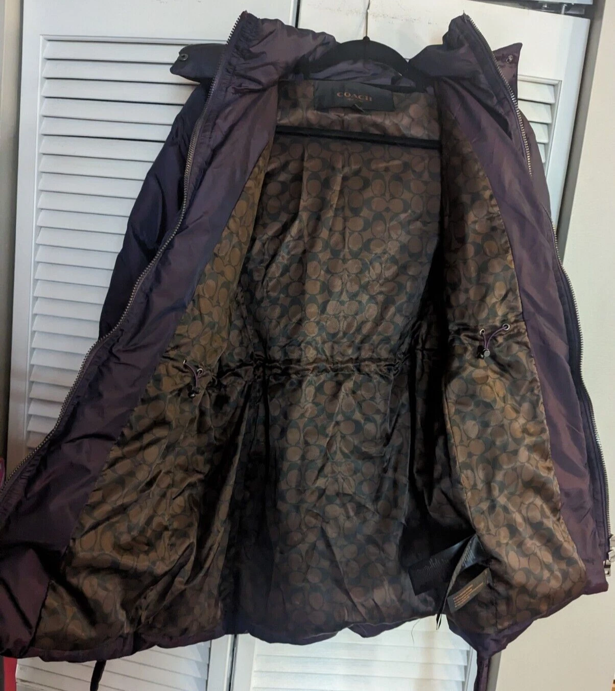 Coach donna trapuntato puffer coat giacca viola cintura piumino imbottito parka taglia XS