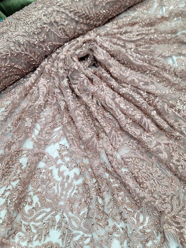 BLUSH Pink Beaded Lace Fabric By The Yard Fashion Embroidery Floral Flowers - Picture 4 of 7