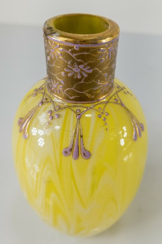 Antique Bright Yellow Swirled Bohemian Moser Harrach Enameled Glass Perfume Vase - Picture 4 of 10