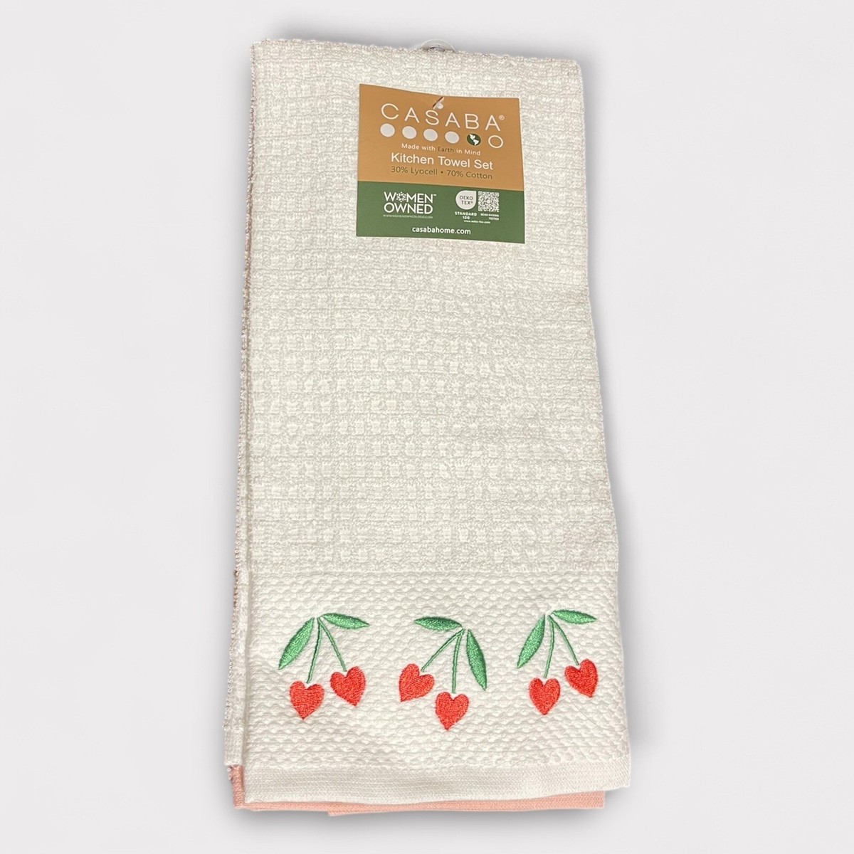 Casaba Valentines Embroidered Kitchen Towel Set of Heart Flowers Love  Cherries