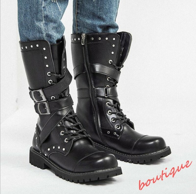 Men Rivets Buckle Strap Punk Rock Shoes High Top Motorcycle Mid