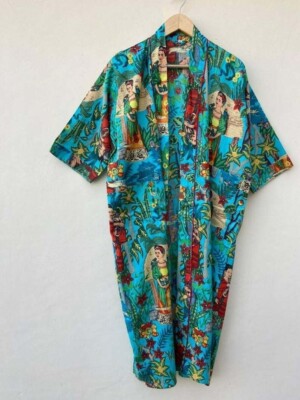 Indian Sleepwear Frida Printed Robe Kimono Handmade Dress Maxi Bathrobe Cover Up